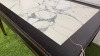 Elegant Dark Wood Coffee Table with Marble Insert, Brass Detail & Gallery with Tapered Colum Legs. Size H51 x W100 x D74cm. NOTE: minor chip to marble. - 3