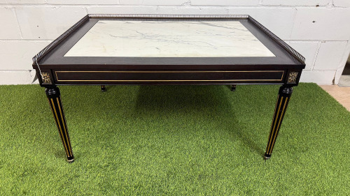 Elegant Dark Wood Coffee Table with Marble Insert, Brass Detail & Gallery with Tapered Colum Legs. Size H51 x W100 x D74cm. NOTE: missing section of brass gallery.