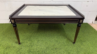 Elegant Dark Wood Coffee Table with Marble Insert, Brass Detail & Gallery with Tapered Colum Legs. Size H51 x W100 x D74cm. NOTE: missing section of brass gallery.