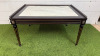 Elegant Dark Wood Coffee Table with Marble Insert, Brass Detail & Gallery with Tapered Colum Legs. Size H51 x W100 x D74cm. NOTE: missing section of brass gallery.