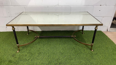 Vintage French Style Steel & Brass Coffee Table with Antiqued Mirror Effect Top & Hoof Feet. Size H50 x W122 x D62cm.