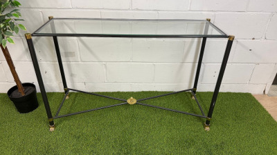Vintage Style Glass Topped Console Table Dark Grey Metal X Frame with Brass Detail & Claw Feet. Size H75 x W124 x D44cm.