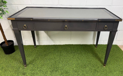 Gloss Grey 3 Draw Wooden Table/Desk with Brass Detail and Castors with Grey Leather Inlay to Top. Size H78 x W130 x D62cm.