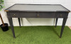 Gloss Grey 3 Draw Wooden Table/Desk with Brass Detail and Castors with Grey Leather Inlay to Top. Size H78 x W130 x D62cm.