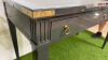 Gloss Grey 3 Draw Wooden Table/Desk with Brass Detail and Castors with Grey Leather Inlay to Top. Size H78 x W130 x D62cm. - 3