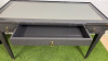 Gloss Grey 3 Draw Wooden Table/Desk with Brass Detail and Castors with Grey Leather Inlay to Top. Size H78 x W130 x D62cm. - 4