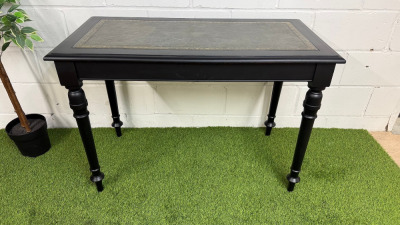 Black Painted Wooden Side Table/Desk with Dark Green Leather Inlay. Size H77 x W110cm x D57cm.