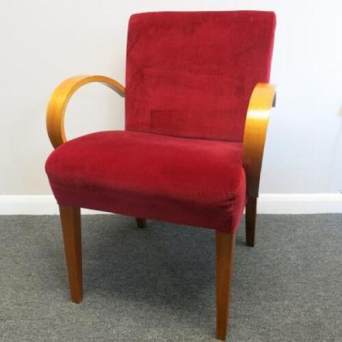 "Hudson" Cava Chair with Arms in Aladdin Red Velvet & Standard Wood Colour. Model HUD62. Year 2000