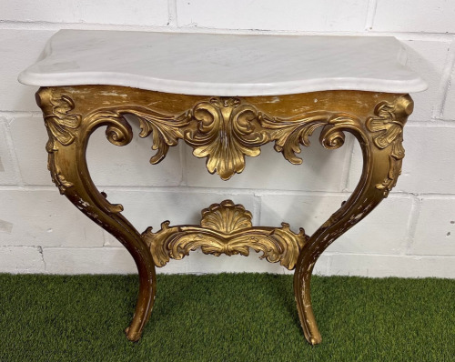 Antique French Louis XV Style Carrera Marble & Gilt Console Table. Size H80 x W82 x W38cm.