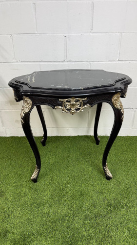 French Louis XV Style Black Painted Wooden Side Table with Antiqued Silver Ornate Detail & Black Marble Top. Size H77 x W87cm x D65cm.