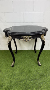 French Louis XV Style Black Painted Wooden Side Table with Antiqued Silver Ornate Detail & Black Marble Top. Size H77 x W87cm x D65cm.