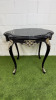 French Louis XV Style Black Painted Wooden Side Table with Antiqued Silver Ornate Detail & Black Marble Top. Size H77 x W87cm x D65cm.
