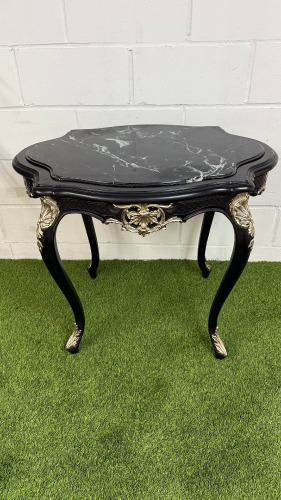 French Louis XV Style Black Painted Wooden Side Table with Antiqued Silver Ornate Detail & Black Marble Top. Size H77 x W87cm x D65cm.