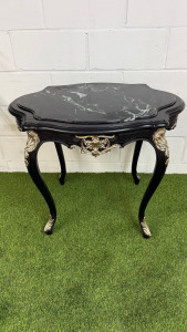 French Louis XV Style Black Painted Wooden Side Table with Antiqued Silver Ornate Detail & Black Marble Top. Size H77 x W87cm x D65cm.