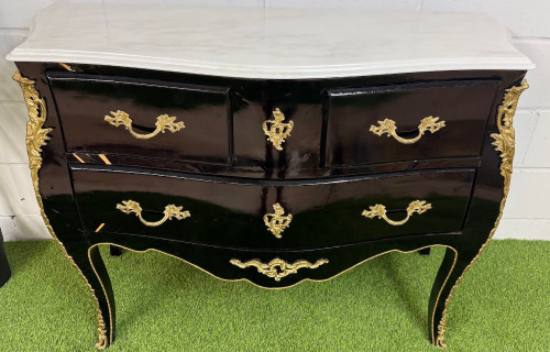 French Louis XV Style Black Baroque Bombe Commode with White Marble Top, Three Draws, Brass Ornate Detail & Handles. Size H88 x W120cm x D50cm. NOTE: some lacquer requires repair as pictured.