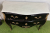 French Louis XV Style Black Baroque Bombe Commode with White Marble Top, Three Draws, Brass Ornate Detail & Handles. Size H88 x W120cm x D50cm. NOTE: some lacquer requires repair as pictured. - 2