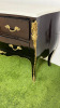 French Louis XV Style Black Baroque Bombe Commode with White Marble Top, Three Draws, Brass Ornate Detail & Handles. Size H88 x W120cm x D50cm. NOTE: some lacquer requires repair as pictured. - 3