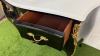 French Louis XV Style Black Baroque Bombe Commode with White Marble Top, Three Draws, Brass Ornate Detail & Handles. Size H88 x W120cm x D50cm. NOTE: some lacquer requires repair as pictured. - 4