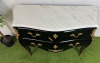 French Louis XV Style Black Baroque Bombe Commode with White Marble Top, Three Draws, Brass Ornate Detail & Handles. Size H88 x W120cm x D50cm. NOTE: some lacquer requires repair as pictured. - 2