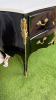 French Louis XV Style Black Baroque Bombe Commode with White Marble Top, Three Draws, Brass Ornate Detail & Handles. Size H88 x W120cm x D50cm. NOTE: some lacquer requires repair as pictured. - 3