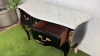 French Louis XV Style Black Baroque Bombe Commode with White Marble Top, Three Draws, Brass Ornate Detail & Handles. Size H88 x W120cm x D50cm. NOTE: some lacquer requires repair as pictured. - 5