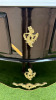 French Louis XV Style Black Baroque Bombe Commode with White Marble Top, Three Draws, Brass Ornate Detail & Handles. Size H88 x W120cm x D50cm. NOTE: some lacquer requires repair as pictured. - 6