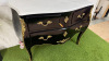 French Louis XV Style Black Baroque Bombe Commode with White Marble Top, Three Draws, Brass Ornate Detail & Handles. Size H88 x W120cm x D50cm. NOTE: some lacquer requires repair as pictured. - 8