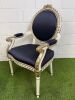 Pair of Louis XVI Style Carved Gilt Armchairs in White with Gold Painted Detail & Royal Blue Satin Upholstery with Three Rose Finial to Top. - 3
