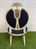 Pair of Louis XVI Style Carved Gilt Armchairs in White with Gold Painted Detail & Royal Blue Satin Upholstery with Three Rose Finial to Top. - 5
