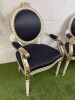 Pair of Louis XVI Style Carved Gilt Armchairs in White with Gold Painted Detail & Royal Blue Satin Upholstery with Three Rose Finial to Top. - 2