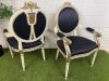 Pair of Louis XVI Style Carved Gilt Armchairs in White with Gold Painted Detail & Royal Blue Satin Upholstery with Three Rose Finial to Top. - 13
