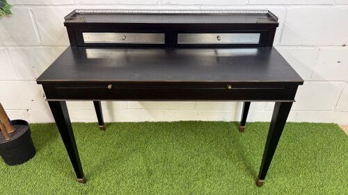 Elegant Dark Wood Writing Desk with Brass Detail & Gallery with Two Antique Mirrored Draws. Size H80 x W100 x D50cm.