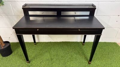 Elegant Dark Wood Writing Desk with Brass Detail & Gallery with Two Antique Mirrored Draws. Size H80 x W100 x D50cm.
