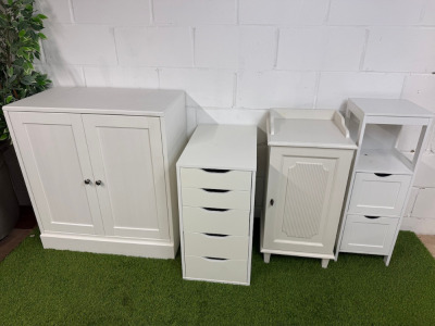 4 x White Wood Furniture Items to Include: 2 Door Cabinet, 5 Draw Unit, 1 Door Cabinet & Open Shelf 2 Draw Storage Rack.