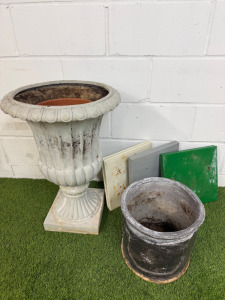 Plant Pots to Include: 1 x Plastic Heavy Duty Urn, 1 x Pot & 3 x Metal Plant Pot Bases.