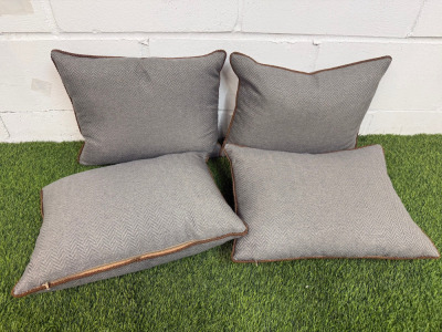 4 x Grey & Beige Herringbone with Brown Trim Feather Filled Cushions. Size 45 x 35cm.