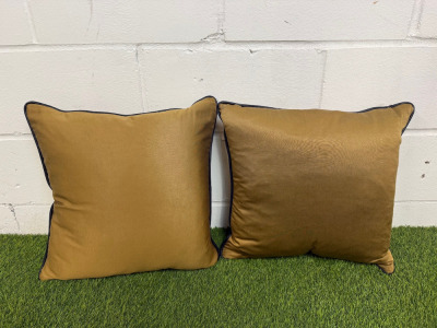 2 x Dark Gold with Black Faux Leather Trim Feather Filled Cushions. Size 50 x 50cm.