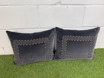 2 x Grey Velvet Feather Filled Cushions. Size 40 x 35cm.