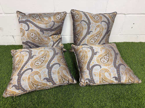 4 x Grey & Gold Paisley Patterned Feather Filled Cushions. Size 43 x 43cm.