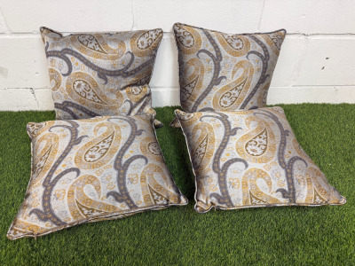4 x Grey & Gold Paisley Patterned Feather Filled Cushions. Size 43 x 43cm.