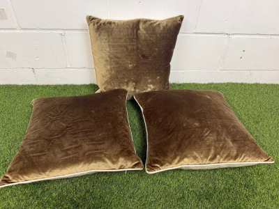 3 x Gold Crushed Velvet & Light Fabric Feather Filled Cushions. Size 48 x 48cm.