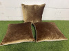 3 x Gold Crushed Velvet & Light Fabric Feather Filled Cushions. Size 48 x 48cm.