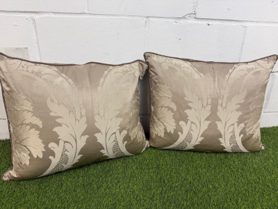 2 x Champagne & Velvet Damask-Patterned Feather Filled Cushions. Size 60 x 48cm.