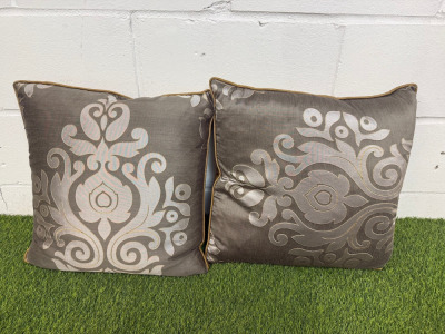 2 x Grey & Gold Damask-Patterned Feather Filled Cushions. Size 45 x 45cm.