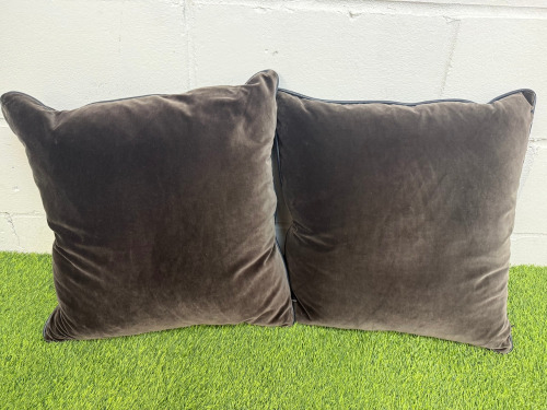 2 x Dark Brown Velvet & Black Faux Leather Trim Feather Filled Cushions. Size 50 x 50cm.