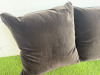 2 x Dark Brown Velvet & Black Faux Leather Trim Feather Filled Cushions. Size 50 x 50cm. - 2