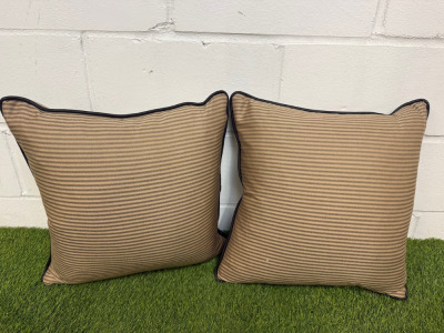 2 x Gold Patterned & Black Faux Leather Trim Feather Filled Cushions. Size 50 x 50cm.