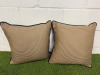 2 x Gold Patterned & Black Faux Leather Trim Feather Filled Cushions. Size 50 x 50cm.