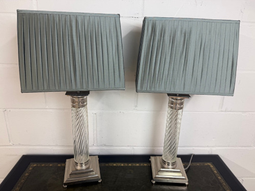 Pair of Silver & Glass Column Side Lamps with Pleated Teal Lampshades. Size H70cm.