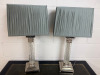 Pair of Silver & Glass Column Side Lamps with Pleated Teal Lampshades. Size H70cm.